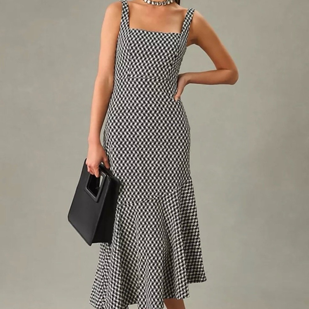 Anthropologie $170 MSRP Ariana Asymmetrical B&W Square-Neck Midi Dress. NWT